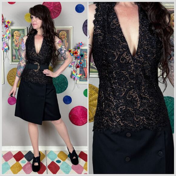 Vintage 1970s Black Floral Lace Overlay Sleeveless V-Neck Top - Picture 1 of 8